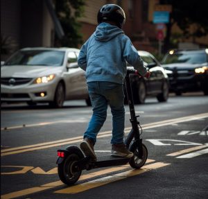 Kid scooter rider in a bike lane